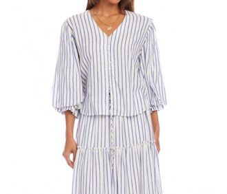 Karen Kane Stripe Layered Sleeve Shirred Blouse In Off White With Blue
