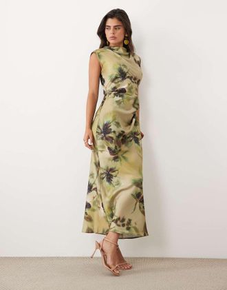 Asos vestito midi in raso con collo alto e corpino plissettato con stampa floreale verde-Multicolore