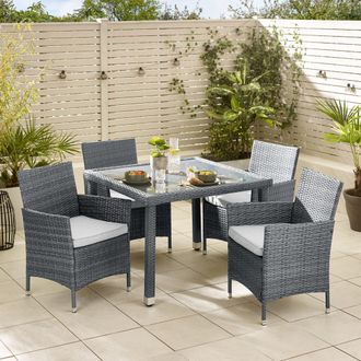 Furniturebox Barbados Rattan Outdoor Garden Dining Set, PE Rattan & Cushions, 4 Chairs 1 Square Glass Top Outdoor Table in Grey