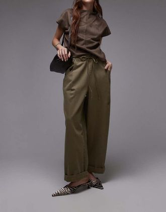 Topshop plain drawstring straight leg pants in khaki-Neutral