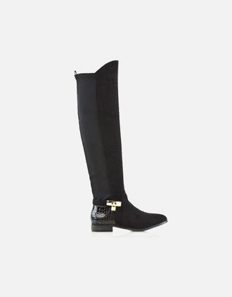 XY London Womens XY London Womens/Ladies Bella Crocodile Print Zip Elasticated Flat Thigh-High Boots - Black - Size: 5