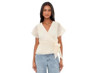 Liverpool L.A. Petite Short Sleeve Wrap Front Woven Top with Tie Womens Clothing Cream : PXS, Polyester