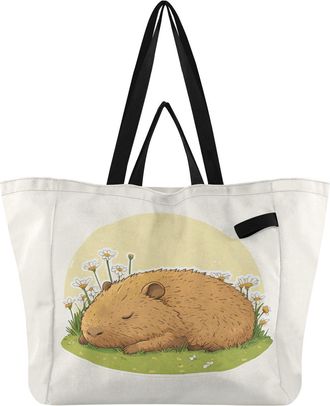 Generic Capybara Daisies Yellow pattern Reusable Canvas Tote Bag, Heavy Duty Grocery Shopping Bag with Double Handles Hard Bottom Large Capacity Work Grocerie