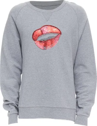 Dries Van Noten grey cotton red sequins lip crew pullover top L