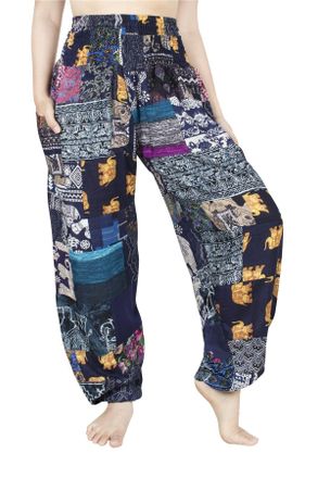 Lofbaz Womens Smocked Waist Floral Rayon Yoga Boho Patch Harem Pants - Blue - OS