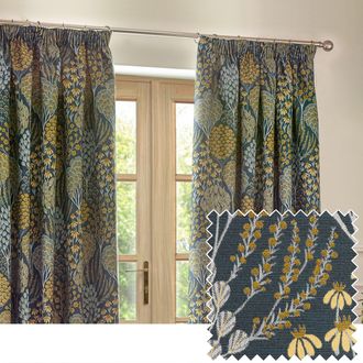 Wylder Ophelia Floral Room Darkening Pencil Pleat Curtain Pair in Blue | Size: 229 cm width x 229 cm drop