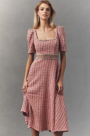 Mac Duggal Ieena for Mac Duggal Tweed Square-Neck Midi Dress