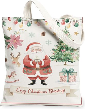 Generic Christmas Floral Tote Bags, Festive Plant Pattern Reusable Grocery Bags, Vintage Cozy Linen Lightweight Washable Shoulder F, White, 13x15 Inch