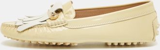 Tod's Tods Beige/white Patent Leather Buckle Detail Fringe Loafers
