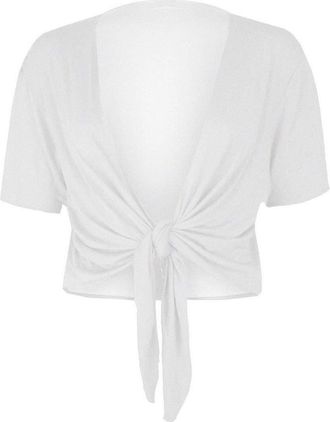 Crazy Girls GOSTYLES Womens Plain Tie-Up Front Cropped Bolero Shrug, Ladies Short Sleeve Lightweight Summer Cover-Up Crop Cardigan Blouse (White, M-L)
