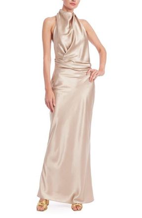 Badgley Mischka Cowl Halter Neck Metallic Satin Gown in Sand at Nordstrom, Size 12