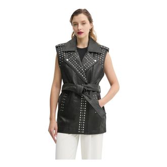 Bruuns Bazaar Gilet in Pelle Borchiato con Cintura - - Jackets - Donna - Nero - M