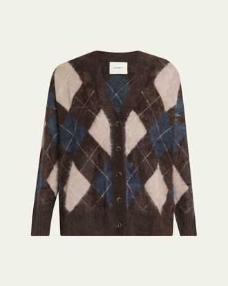 Lisa Yang Elaria Argyle Fuzzy Cashmere V-Neck Cardigan
