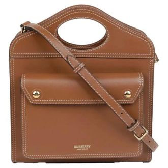 Burberry Pre-owned Handbags, female, Brown, Size: ONE SIZE Pre-owned Topstitch Pocket Tote Shoulder Bag