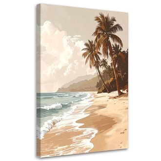 Feeby Cuadro En Lienzo, Playa Tropical Mar Palmeras En Estilo Boho En Tonos Beige, 70x100