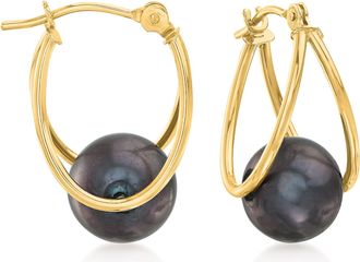 Ross-Simons 8-9mm Black Cultured Pearl Double-Hoop Earrings in 14kt Gold