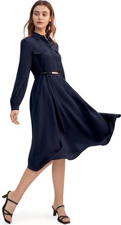 LilySilk Womens Long Sleeve Retro Graceful Silk Dress Vintage Shirt Dress Long Sleeves Midi Length Dress with Belt Formal A Line Dress for Spring Fall Navy Blu
