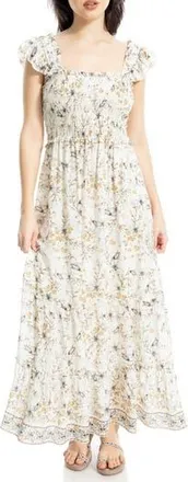Max Studio Smocked Tiered Maxi Dress in Ecru/Slate Pressed Lily at Nordstrom Rack, Size X-Large