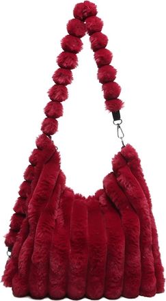 Generic Womens Plush Bags Large Capacity Plush Bag Womens Commuter Shoulder With Pendant Fluffy Tote(Red)