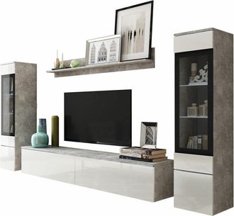 Mirjan24 Mobilier1 - Conjunto De Sal&oacute;n Sarasota 126, Hormig&oacute;n + Blanco Brillante