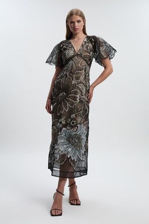 Karen Millen Sequin Organdie Woven Maxi Dress in Mono at Nordstrom, Size 12