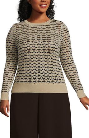 Lands End Plus Size Cotton Viscose Button Shoulder Modern Crew Sweater in Champagne/navy Stitch Stripe at Nordstrom, Size 2X