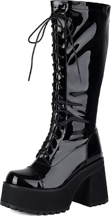 Generic Womens Lace Up Knee High Boots with Zipper Patent Leather Long Boots Block High Heel Platform Boot,Black1,3.5 UK