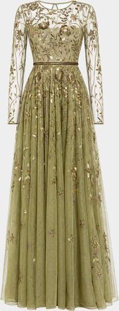 Mac Duggal Embellished Floral-Embroidered Mesh Gown