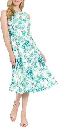 London Times Floral Keyhole Sleeveless A-Line MIdi Dress in Soft White/Teal at Nordstrom Rack, Size 12