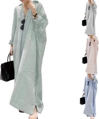 Generic Womens Striped Long Sleeve Dress, Button Down Loose Striped Cotton Maxi Shirt Dress,V Neck Summer Maxi Shirt Dressing (Green,XXL)