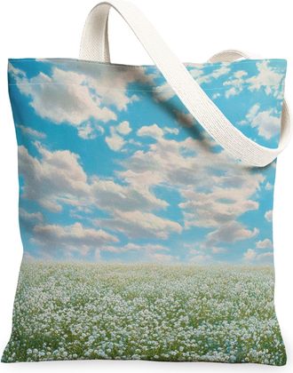 Generic Spring Gypsophila Flower Canvas Tote Bag for Shopping 13x15, Florals Landscape Reusable Grocery Print Bag for Women, Nature Scenic Beach Aesthetic Pai