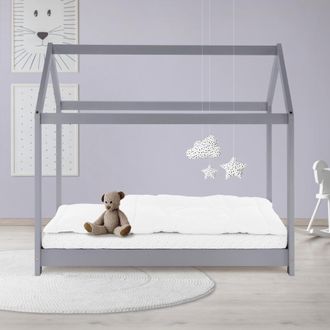 ML Design Ml-design Cama Infantil Casa Gris Claro 70x140 Cm De Madera De Pino Con Techo Y Somier Estructura De Listones, Cuna De Suelo Maciza En Forma De Casita