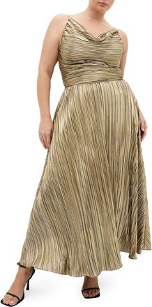City Chic Kamila Pliss&eacute; Metallic Sleeveless Maxi Dress in Bronze at Nordstrom, Size Xxxs