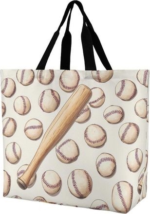 Generic Baseballs And Bats Reusable Shopping Bags Large Capacity Grocery Bag Heavy Duty Tote for Women 40x40x16cm