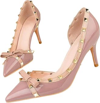 Generic Women Patent Leather High Heel Pumps Pointed Toe Rivet Detail Party Dress Shoes