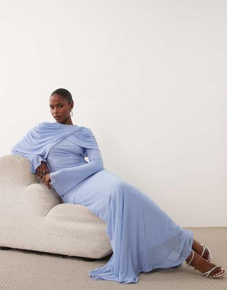 Asos Vestito lungo stile modest in rete blu pastello con scollo drappeggiato sovrapposto