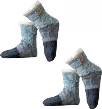 Generic Knitted Ultra-Thick Slipper Home Socks, Tri-Color Knit Patchwork Non-Slip Warm Winter Socks Non-Slip With Fleece Lined (2 pcs Blue,One Size)