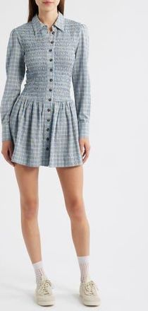 Damson Madder Bora Smocked Bodice Long Sleeve Organic Cotton Seersucker Minidress in Cloudy at Nordstrom Rack, Size 14 Us / 18 Uk