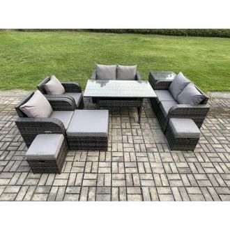 Fimous Outdoor Rattan Garden Furniture 9 piece Grey Patio Furniture Set 9 Seater Lounge Sofa Set with Rectangular Table Reclining Chairs 3 Stools Side Table