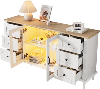 STILVORA Aparador Con 2 Puertas De Acrilico, 6 Cajones Y Led Para Salon Y Comedor, En Mdf, 150&times;40&times;75 Cm, Blanco