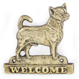 OEM Chihuahua De Pelo Corto: Cartel Para Puerta Con Perro, Placa De Bienvenida De Lat&oacute;n, Cartel &Uacute;nico Con La Palabra Welcome De Art-dog