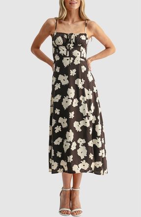 All in Favor Floral Spaghetti Strap Midi Dress in Brown Cream at Nordstrom, Size X-Large