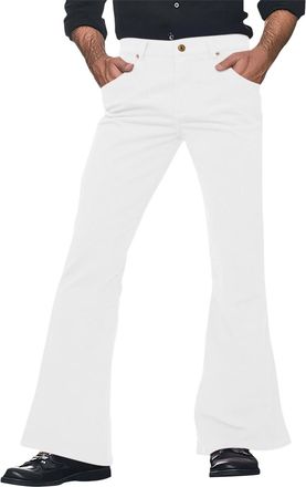 Generic Casual Flared Trousers for Men Relaxed Fit Solid Color Retro Style Everyday Wear Bottoms (White, L)