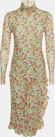 Ganni Ganni Multicolour Floral Print Mesh Turtleneck Top And Wrap Midi Skirt Set