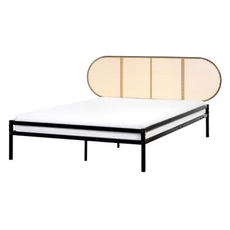 Beliani Cama Moderna De Hierro Con Somier De L&aacute;minas Rat&aacute;n Sint&eacute;tico Trenza Vienesa Cabecero Negro 140 X 200 Cm Boulin