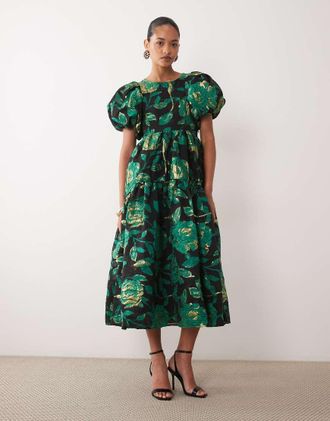 Sister Jane Sister Jane abito midi jacquard con maniche a palloncino e cut-out posteriore a rombo in verde smeraldo
