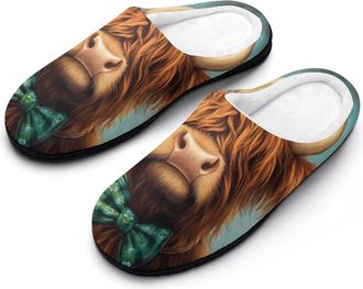 Generic Highland Cow St Patricks Day Mens House Slippers Memory Foam Washable Cotton Slip on Home Shoes