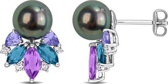 Delmar 8-8.5mm Cultured Tahitian Pearl & Gemstone Cluster Earrings in Silver/Multi at Nordstrom Rack