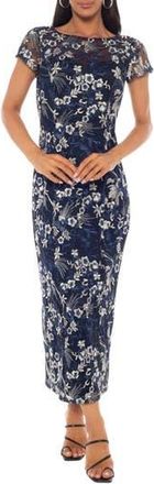 Marina Rossini Floral Embroidered Illusion Cap Sleeve Dress in Navy at Nordstrom Rack, Size Medium