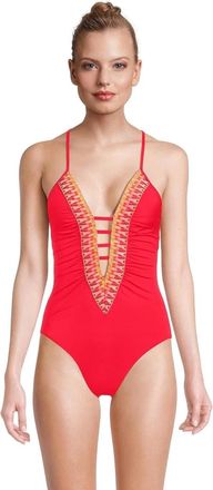 BECCA by Rebecca Virtue Womens Becca Fiesta Swimsuit Red Crisscross Strap Plunge Neck One Piece GBO1017